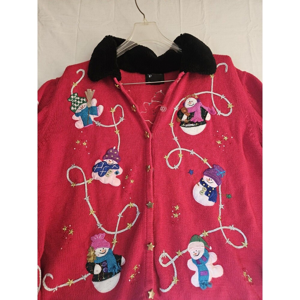 Designers Studio Joy Cardigan Women's XL Red Snowman Sweater Christmas Vintage